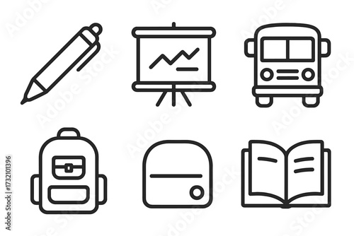 Minimalistic linear icons of pen, presentation board, school bus, backpack, wallet, and open book. Editable stroke vector set for school, education, business, communication, and travel concepts.