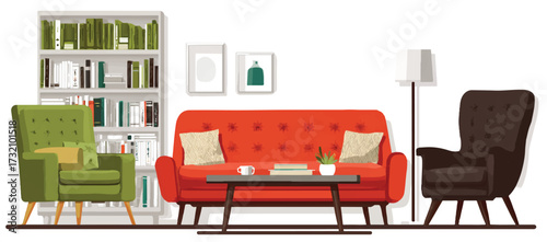 Colorful living room arrangement featuring a red sofa green armchair brown chair and a bookshelf full of books