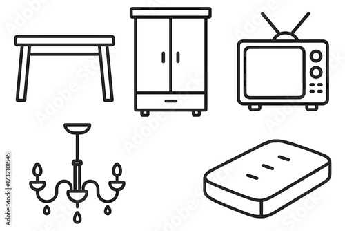Set of furniture and home essentials outline icons with table, closet, chandelier, vintage TV set, mattress symbols, editable stroke vector collection perfect for infographics and designs
