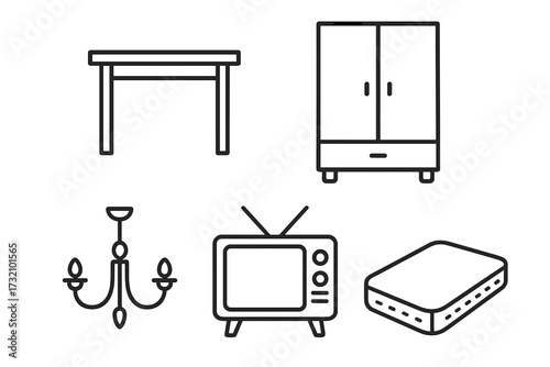 Table, closet, chandelier, vintage TV set, mattress vector icons collection. Editable stroke furniture and home interior elements perfect for infographic, article, banner designs