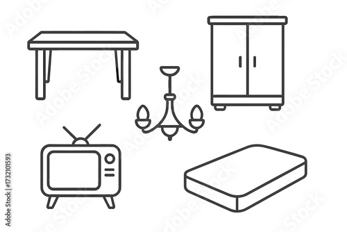 Table, Closet, Chandelier, TV Set, Mattress Outline Icons Collection. Editable Stroke Vector Graphics for Home Furniture, Interior Design, Infographics, Flyers, Banners, Articles