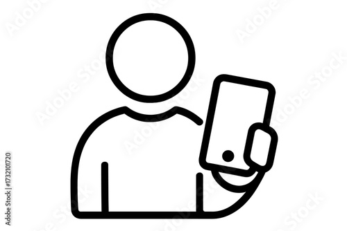 User silhouette holding smartphone icon, outline vector graphic for app design, mobile technology, web interfaces, digital communication, advertising, card services, transparent background