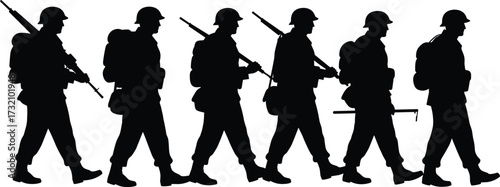Silhouette illustration of soldiers marching with rifles, military troops, armed forces, war preparation, army men, defense, combat, service, duty, unity