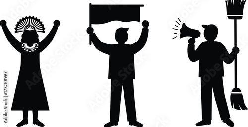 Silhouette illustration of protest people with raised hands, holding banner, megaphone, broom, traditional costume, demonstration, activism, social movement, unity, resistance