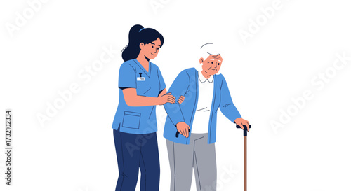Caring Nurse Assists Elderly Person with Walking Cane.
