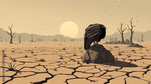Vulture sitting on rock in dry cracked desert land with dead trees under sun