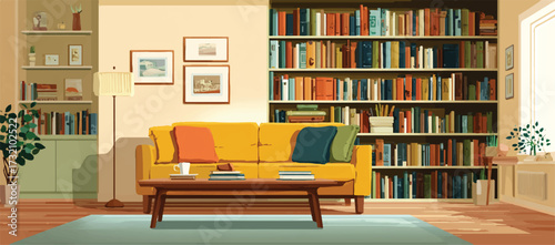 Cozy home interior illustration with books yellow sofa and warm inviting atmosphere featuring natural light