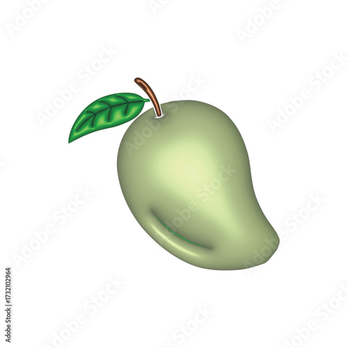 A stylized, 3D rendered mango with a single green leaf