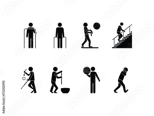 Daily activities exercise and rehabilitation pictograms set representing diverse physical routines and therapy exercises for health and wellness