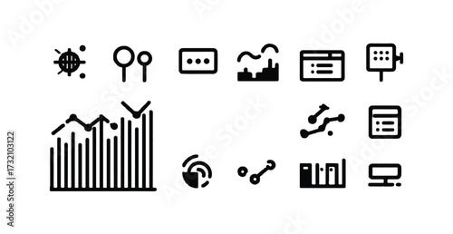Data analytics and statistical analysis icons depicting business growth progress monitoring and performance visualization