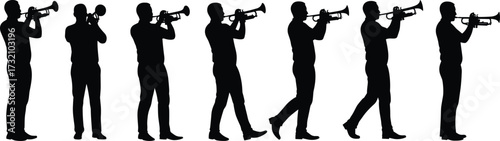 Silhouette illustration of trumpet player musician performing, marching band jazz performer, brass instrument artist, music concert, festival, parade, entertainment, celebration