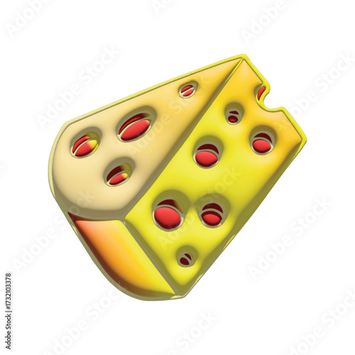 A glossy 3D rendered icon of a yellow Swiss cheese wedge with a bite mark