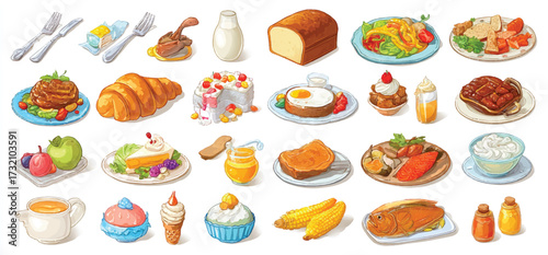 Delicious breakfast and brunch food illustration with various items including pastries fruit and savory dishes perfect for menus and cookbooks