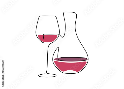 Wine glass and decanter in a continuous line art. line icon-continuous line drawing. Editable stroke. 