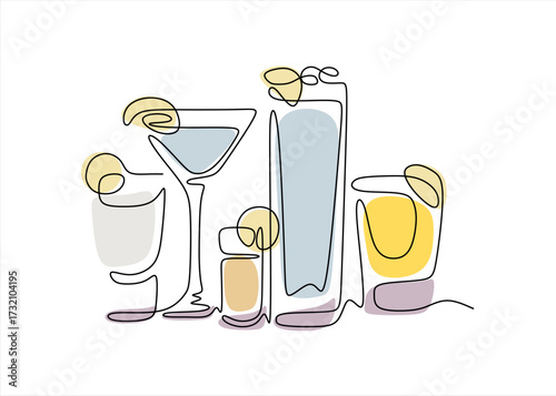 Line Art Cocktails Minimalist Bar Drink Illustrations. line icon-continuous line drawing. Editable stroke. 