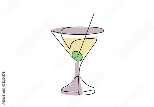 Martini Cocktail with Olive in One Line. line icon-continuous line drawing. Editable stroke. 