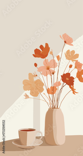 Elegant bouquet of cosmos flowers in a vase with cup of tea creating a serene and cozy atmosphere