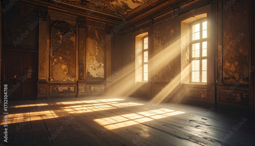 Fototapeta premium Sunlight beams through old room windows illuminating dusty interior.