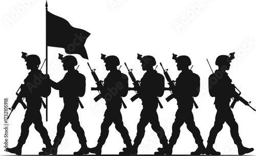 Silhouette of soldiers marching in formation, army troops carrying rifles, military men parade with flag, combat soldiers vector illustration design