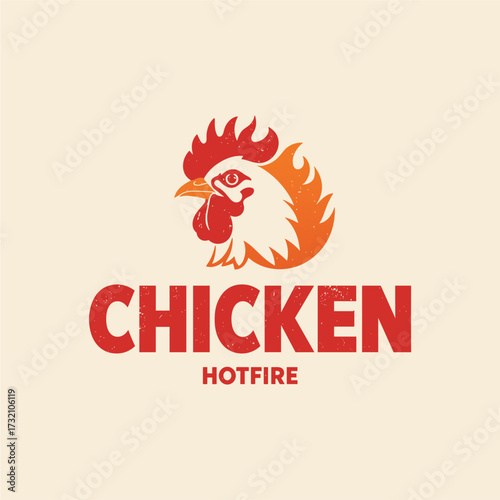 Chicken Hotfire Logo Rooster with Flames, Retro Style
