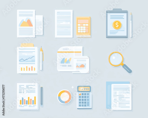 Financial analysis documents with charts calculators magnifying glass and clipboard for business planning and strategy development