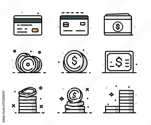 Financial Elements Icons Depicting Credit Cards Currency and Wallets for Business and Personal Finance Management