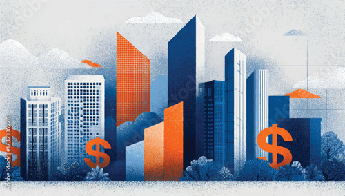 Financial district cityscape with dollar signs suggesting investment and economic growth opportunities in urban business landscape