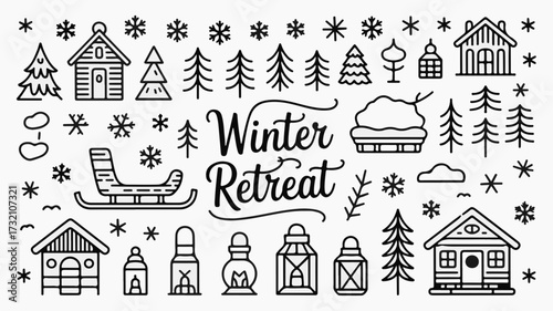 Charming Winter Retreat Doodles Featuring Cozy Cabins, Snowy Trees, Festive Sleds, and Sparkling Snowflakes for Holiday Decor and Festive Designs