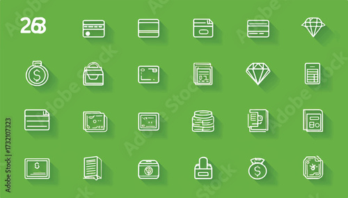 Financial Icons Set with Business Elements Featuring Credit Cards Money Diamonds and Calculator on Green Background