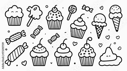 Delightful collection of hand drawn cupcakes, ice cream cones, and candies perfect for party invitations and sweet designs