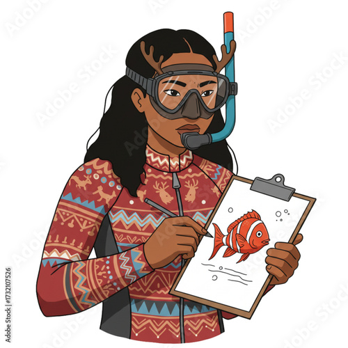 Christmas Female Diver Sketching Tropical Fish with Reindeer Antlers - Festive Underwater Illustration Vector