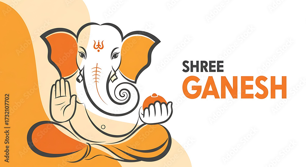 Naklejka premium Modern Vector Illustration in Saffron and Grey Featuring Abstract Ganesha Outline – Spiral Trunk, Folded Hands and Bold Sans Typography