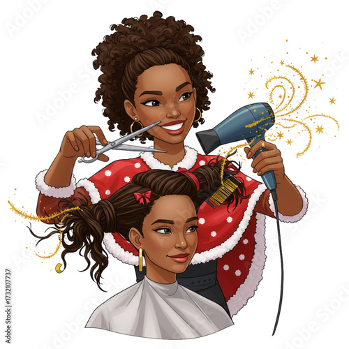 Festive African American Hairstylist Styling Client's Hair with Magical Sparkles - Christmas Beauty Salon Illustration Vector