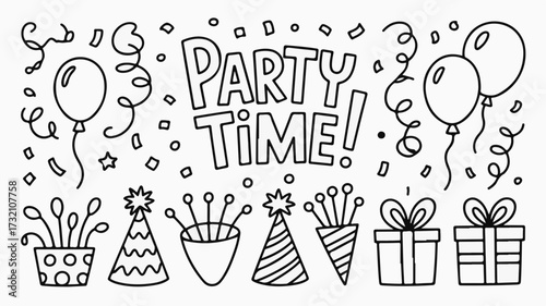 Celebrate joyfully with festive balloons, confetti, party hats, and gift boxes ideal for invitations, decorations, or digital designs