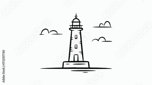 Iconic lighthouse standing tall against stylized clouds, symbolizing guidance, safety, and coastal navigation with a classic, clean design.