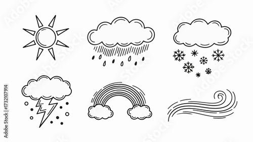 Charming hand drawn icons depicting diverse weather conditions including sun, rain, snow, lightning, rainbow, and wind for educational or design use.