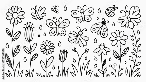 Charming hand drawn butterflies, ladybugs, and flowers celebrate a vibrant spring garden scene with playful raindrops
