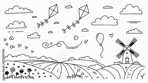 Whimsical countryside scene with kites, balloons, a windmill, and rolling hills, evoking childhood joy and freedom