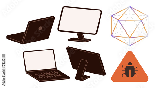 Laptops, monitors, geometric shape, and bug warning sign symbolizing cybersecurity, technology, systems management, collaboration, software development troubleshooting problem-solving. Perfect
