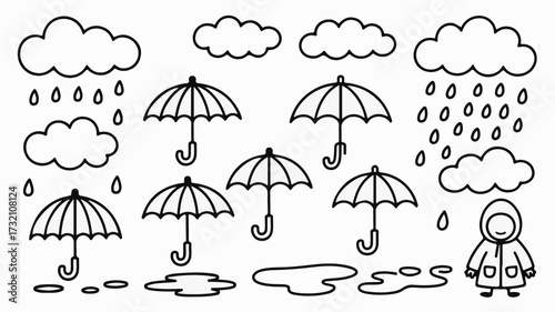 Charming hand drawn umbrellas and clouds with rain drops and a happy child in a raincoat, perfect for weather themes and playful designs