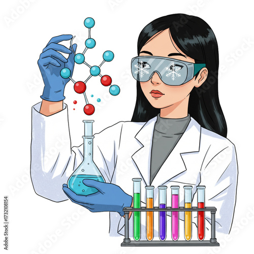 Female Scientist Examining Molecule in Chemistry Lab - Educational Science Illustration Vector