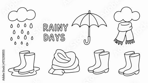 Charming collection of rainy day essentials including clouds, raindrops, umbrellas, scarves, and boots perfect for autumn or wet weather themes.