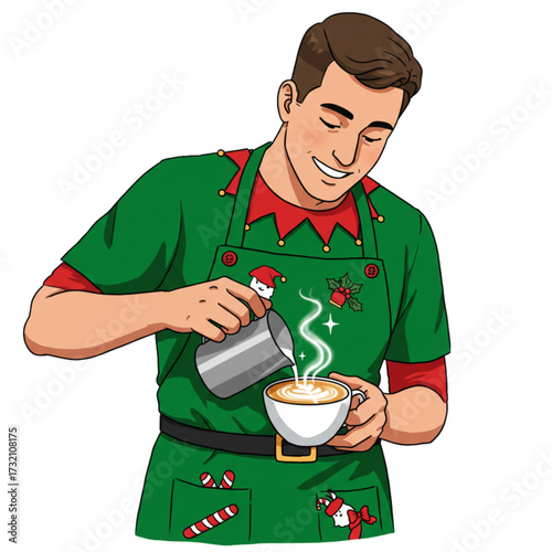 Christmas Barista Pouring Steamy Latte - Festive Holiday Coffee Illustration Vector