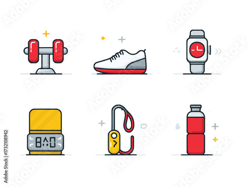 Fitness and wellness icons featuring dumbbell sport shoes smartwatch weighing scale climbing gear and water bottle isolated on white