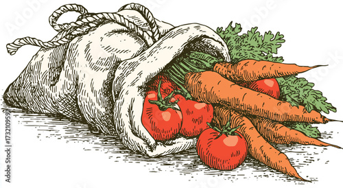 Fresh organic vegetables spilling from a burlap sack including carrots and tomatoes healthy lifestyle agriculture product