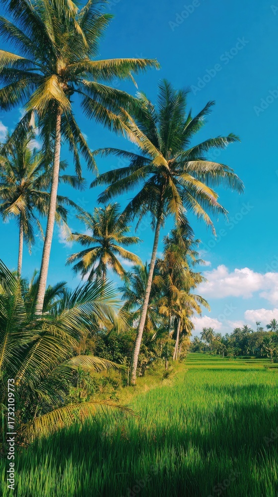 Obraz premium Lush palm trees line a green rice field under a bright blue sky