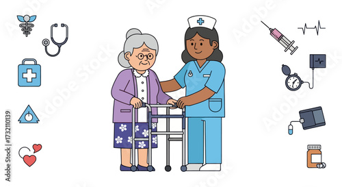 Caring nurse in blue scrubs helps an elderly woman with a walker in a cartoon illustration.
