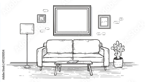 Hand drawn interior of a living room with couch frames lamp and cactus in monochrome