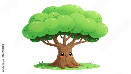 Cute cartoon tree with a smiling face isolated on white background
