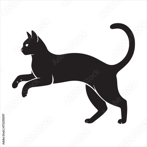 Black cat silhouette in a dynamic jumping pose on white background animal
